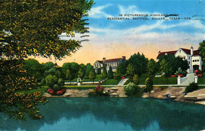 Color postcard showing Highland Park houses, trees and landscaped grounds beside a lake.