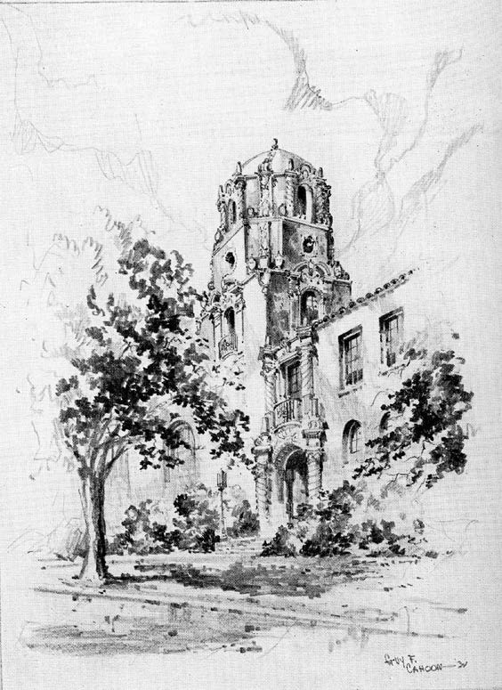 Guy Cahoon’s period drawing of Highland Park Town Hall, showing its ornate entrance, tower and surrounding trees.